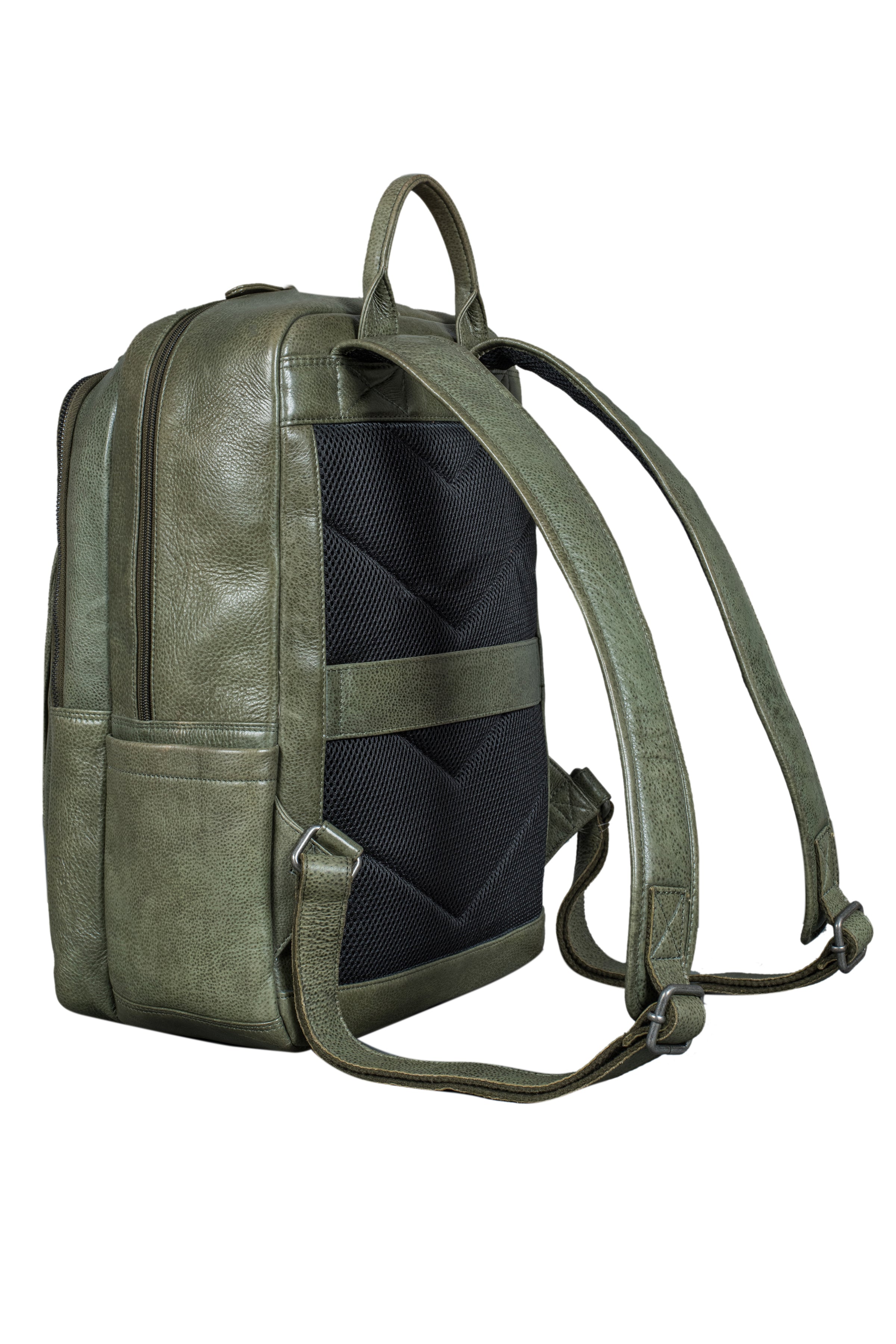 "Sage" olive green leather backpack