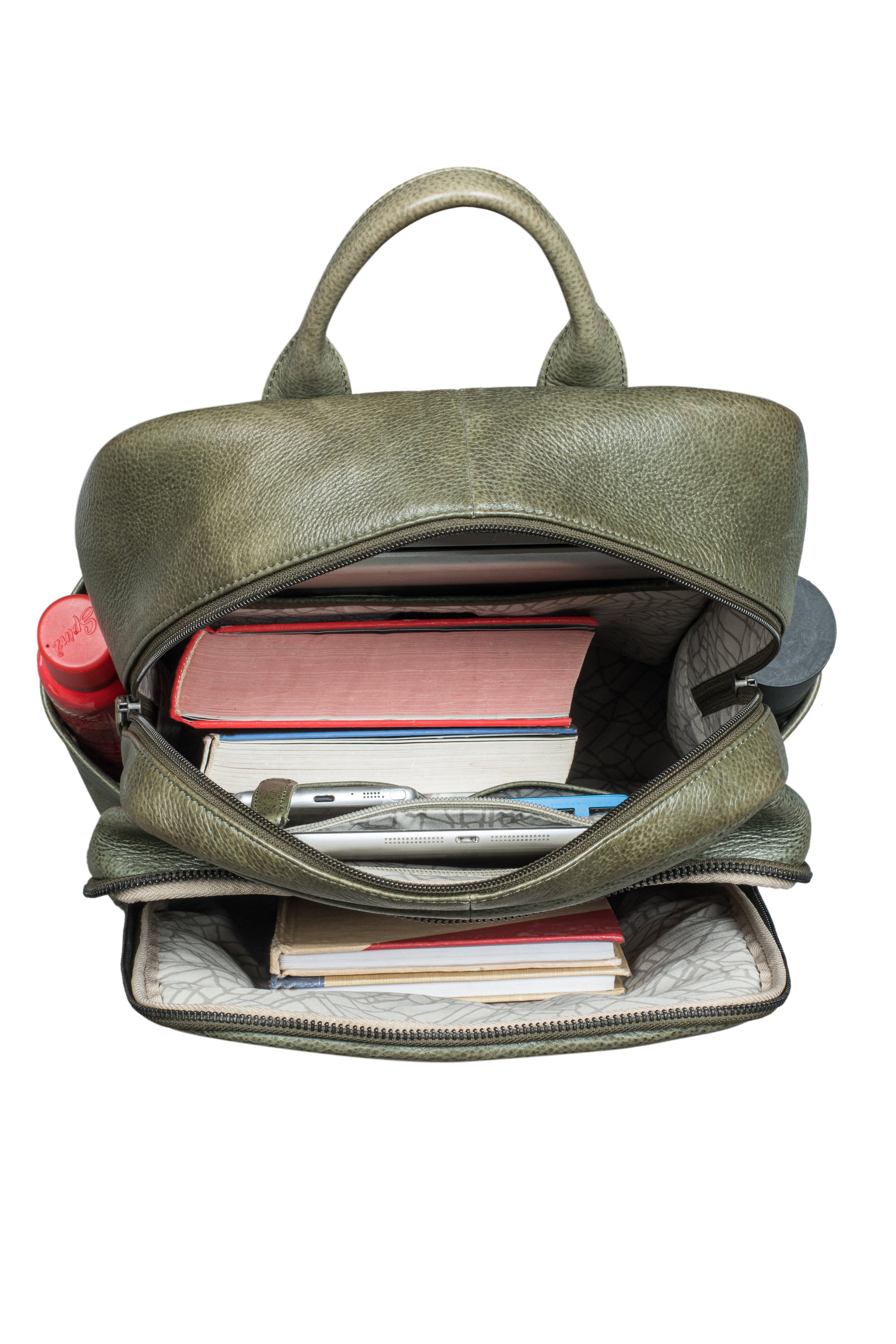 "Sage" olive green leather backpack