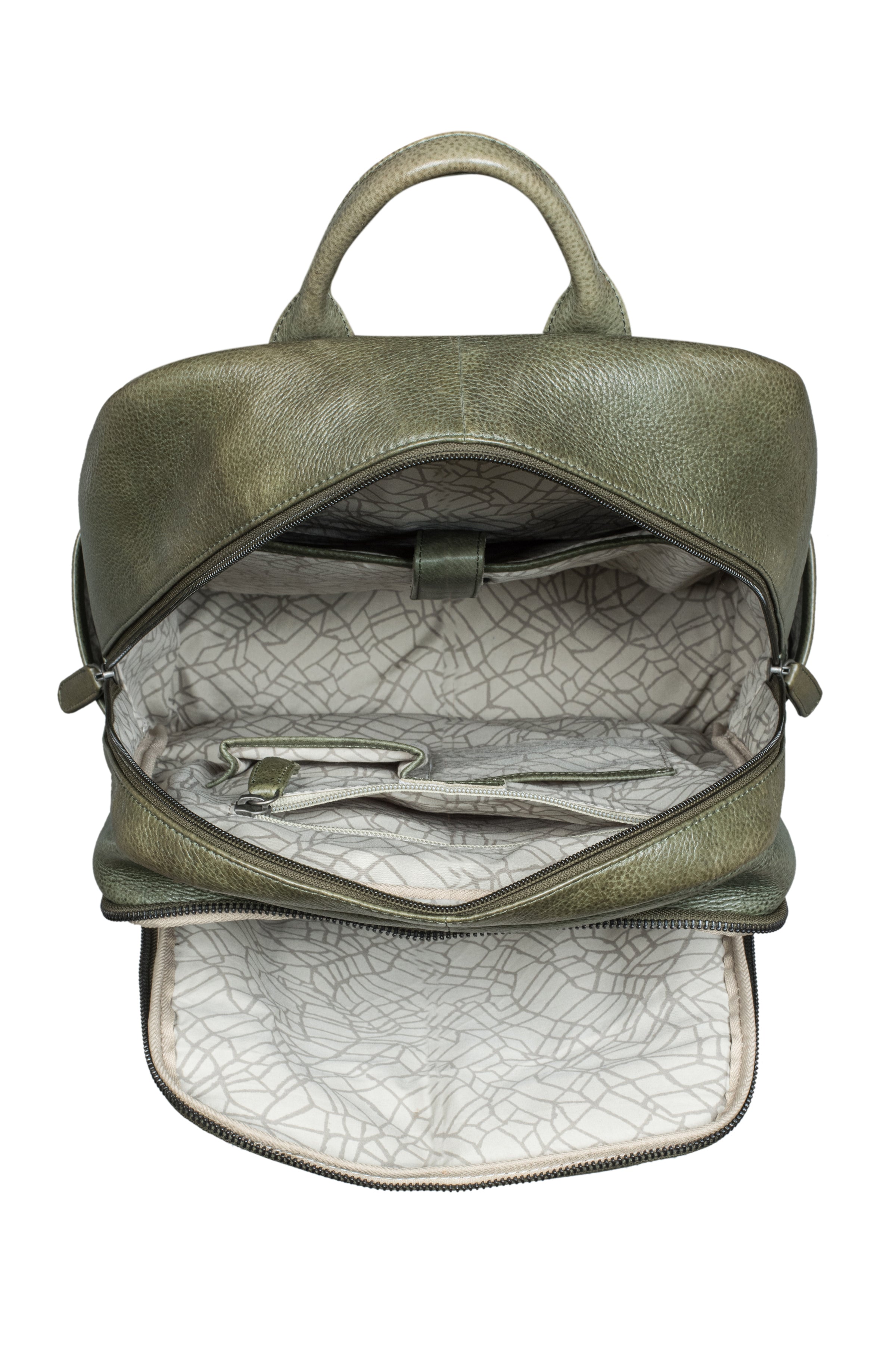 "Sage" olive green leather backpack