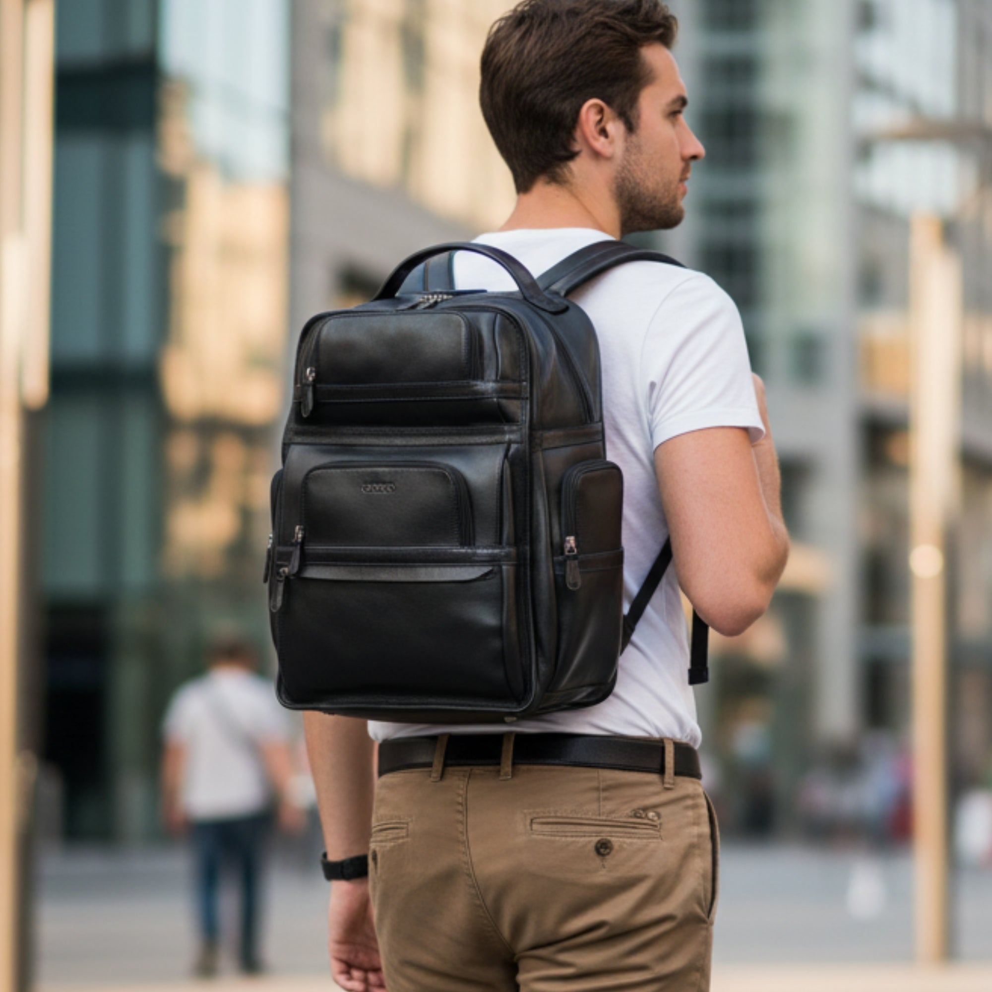 "Aegis" structured black leather backpack